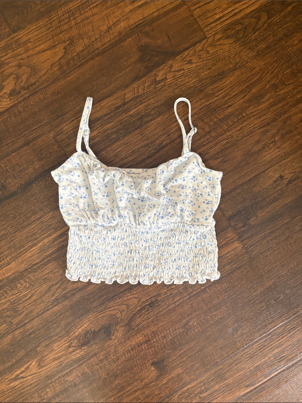Hollister Smocked Floral Cami Crop Top - White with Light Blue Floral